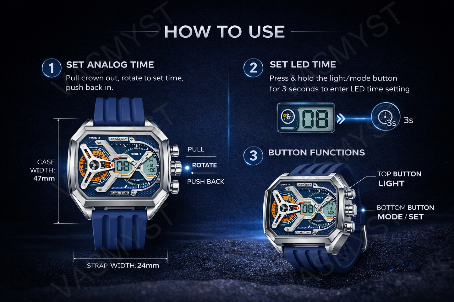 Vasmyst E106 Silver Blue Digital Watch - how to use