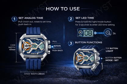 Vasmyst E106 Silver Blue Digital Watch - how to use